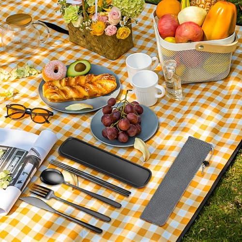 Travel Utensils With Case, 6Pcs Forks Spoons Knife Chopsticks Reusable Cutlery Set, Stainless Steel Flatware Set, Portable Silverware for Camping Picnic Work School, Dishwasher Safe (Black) - color: Black