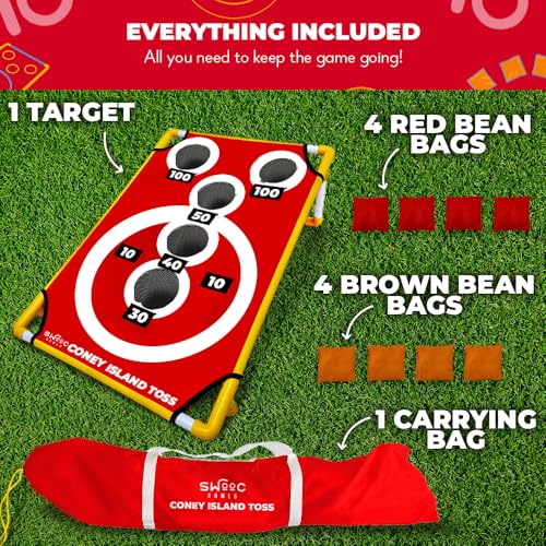 Swooc Games - Coney Island Toss™ - Arcade Style Cornhole Board Set w/Carrying Case & 15+ Games - Corn Hole Games for Adults - Kids Bean Bag Toss Game - Kids Cornhole Set w/Bags - Outdoor Yard Games