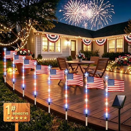 8 Piece Solar American Flag Pathway Lights, US Solar Flag Lights with 8 Lighting Modes, Patriotic Red White Blue Waterproof LED Outdoor Yard Garden Decorations for 4th of July (A) - color: A