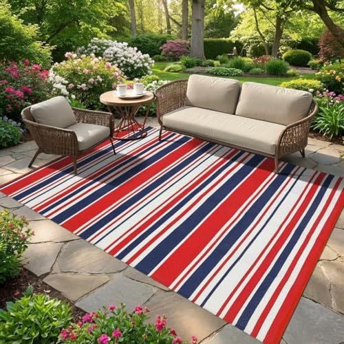 GarveeHome 10x14 Modern Lines Outdoor Large Rug Waterproof Mid Century Modern Multicolor Outdoor Patio Rug UV-Resistant Stain Striped Outside Carpet for Camping Picnic Pool Side RV, Red Navy White - color: Geometric Stripes| Red Navy White, size: 10' x 14
