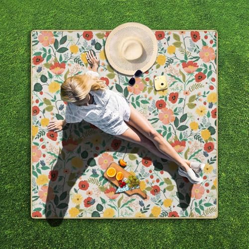 Picnic Blankets Waterproof Foldable Extra Large,80"x 80" Outdoor Beach Blanket Sandproof,3-Layer Lightweight Handy Mat Tote Picnic Camping Rugs for Outside Your Rv (Strawberry Floral Botanical Poppy) - color: Picnic Blankets 4