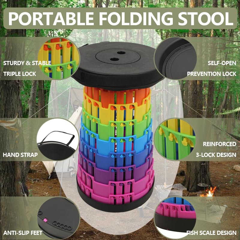 JAEMEYEM Collapsible Stool Chair, Upgraded Folding Stool for Adults Lightweight, Sturdy, Adjustable, Portable, Foldable Seat Sturdy Stools for Outdoor Camping Fishing Hiking Gardening BBQ - color: Black Rainbow, size: 1 pack
