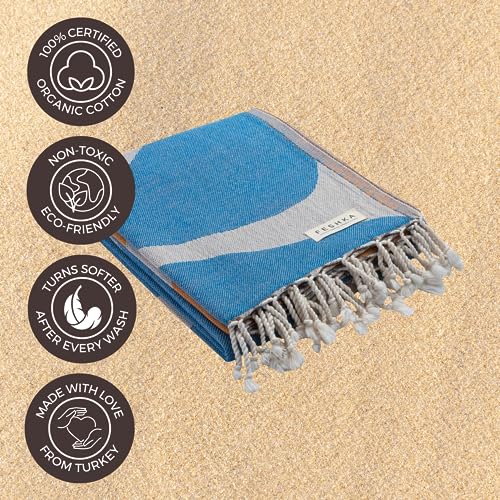 FESHKA Sand Free Turkish Beach Towel (37 x 67) Quick Dry Bath Towel, Oversized Beach Blanket, Lightweight for Travel - Made with 100% Organic Turkish Cotton - Synergy (Blue/Orange) - color: 43 - Blue/Orange
