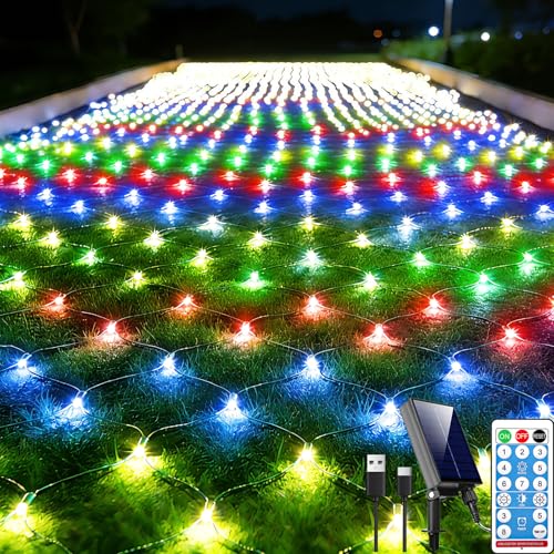 21ft x 5ft Solar Net Lights, 360LED Christmas Net Lights Solar & USB Powered, Waterproof Mesh String Lights 8 Modes Green Wire for Bushes Patio Garden Xmas Holiday Party Outdoor Decor (Multicolor) - color: Multicolor, size: 21ftx5ft (Green Wire)