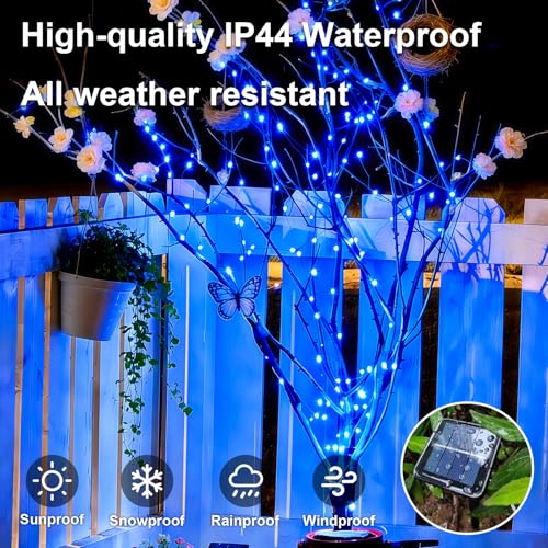 QITONG 4 Pack Solar Fairy Lights, Each 33ft 100 LED Blue Christmas String Light Outdoor Waterproof, 8 Modes Silver Wire Twinkle Mini Lights - color: Blue, size: 4Pack*100LED