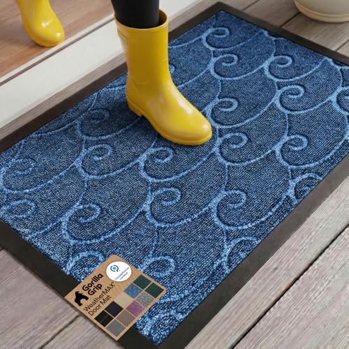 GORILLA GRIP 100% Waterproof All-Season WeatherMAX Doormat 35x23, US Designed Natural Rubber, Stain and Fade Resistant, Low Profile Indoor Outdoor Door Mats, Easy Clean Patio Mat, Ocean Blue Waves - color: Ocean Blue Waves, size: 35" X 23"