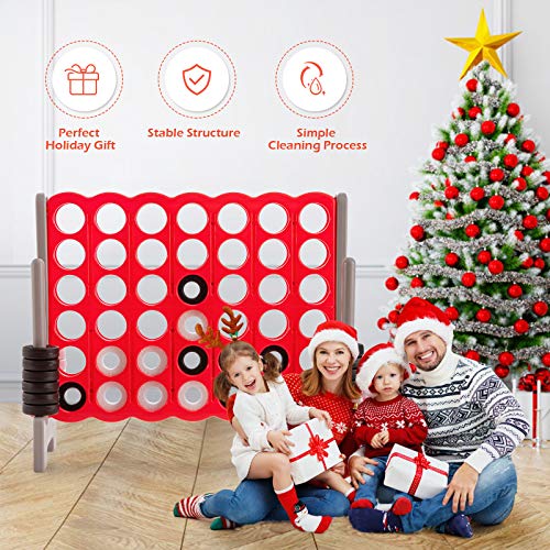 COSTWAY Jumbo 4-to-Score Giant Game Set, 4 in A Row for Kids and Adults, 3.5FT Tall Indoor & Outdoor Game Set with 42 Jumbo Rings & Quick-Release Slider, Perfect for Holiday Party & Family Game - color: Brown