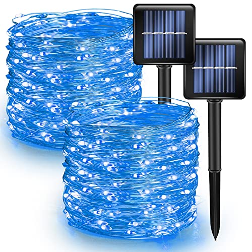 Dazzle Bright 2 Pack Solar String Lights Outdoor, Total 80FT 240LED Solar Powered Waterproof Fairy Lights 8 Modes, Copper Wire Lights for Christmas Patio Party Tree Yard Decoration (Blue) - color: Blue, size: 2 Pack