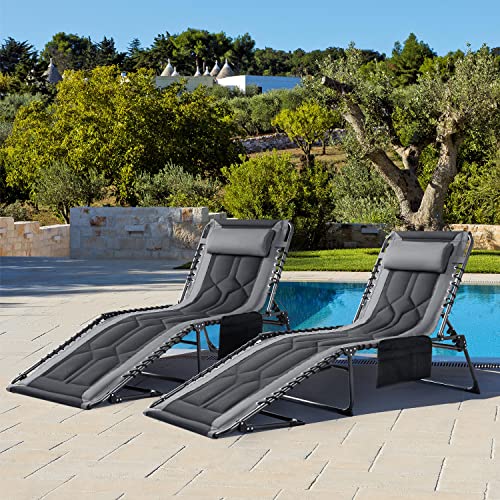 Flamaker Folding Chaise Lounge Outdoor Portable Lounge Chairs 4-Position Adjustable Camping Lounge Chair with Pillow & Side Bag Lightweight Recliner Sunbathing Chair for Pool Beach Deck (Grey) - color: Grey