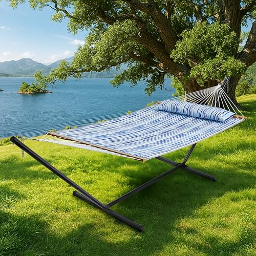 SUPERJARE Hammock with Stand, 2 Person Quilted Outdoor Hammock, Detachable Pillow & Bamboo Spreaders, Portable Hammock with Carrying Bag, Heavy Duty Stand, Perfect for Outside, Patio, Graffiti Blue - color: Graffiti Blue, size: 55.1"W × 74.8''D × 43.3''H