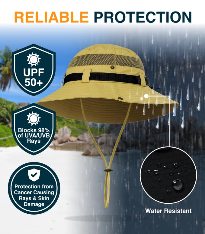 GearTOP Wide Brim Sun Hat for Men & Women, UPF 50+ Fishing Hat with Detachable Neck Flap & Face Cover Gardening Boonie Sunhat - color: Khaki Wanderer