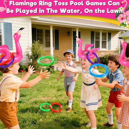 Camlinbo 15 Pcs Inflatable Flamingo Pool Toys Ring Toss Pool Game, Flamingos Luau Party Decor Hawaiian Beach Toys Carnival Outdoor Luau Party Games Supplies for Adults Family