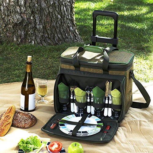 Picnic at Ascot Original Insulated Picnic Cooler with Service for 4 on Wheels-Designed & Assembled in the USA - color: Green