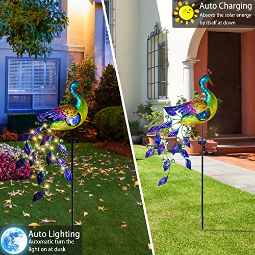 DREAMSOUL Solar Garden Lights Outdoor, Metal Peacock Decor Solar Lights Garden Stakes with Led String Lights, Waterproof Crackle Glass Ball Landscape Path Light for Lawn Patio - color: Multi-colored