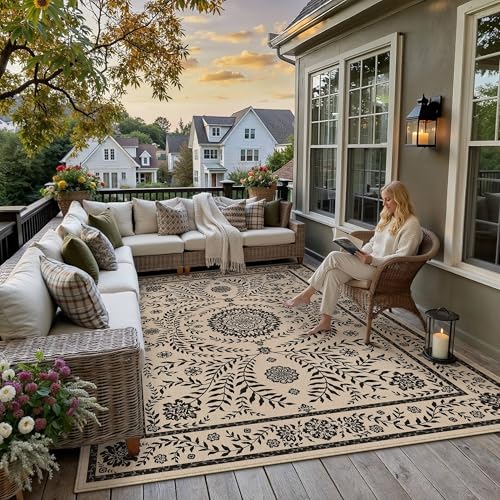 HUGEAR 8x10 Vintage Jute Indoor Outdoor Rug Washable Linen Textured Weave High Traffic Stain Resistant Non Slip Durable Carpet for Livingroom Patio Deck Balcony Courtyard (Floral Black, 8' x 10') - color: Floral / Black, size: 8'x10' (Rectangular)