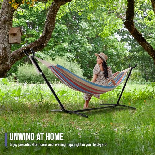 Sorbus 2-Person Luxury Hammock with Steel Stand- Premium Cotton Blend 60" Large Bed- Heavy Duty 450lbs Portable w/Carrying Case - for Garden Yard Patio Outdoor Camping Gifts- Washable - color: Blue/Sand/Purple/Red