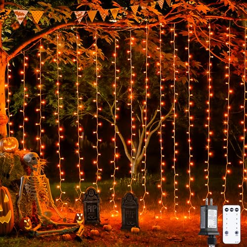 JMEXSUSS 300LED Orange Halloween Lights with Remote, 9.8x9.8ft Halloween Curtain Light, 8 Modes Orange Hanging String Lights Plug in for Fall Bedroom Thanksgiving Window Party Indoor Outdoor Decor - color: Orange, size: 300 LED