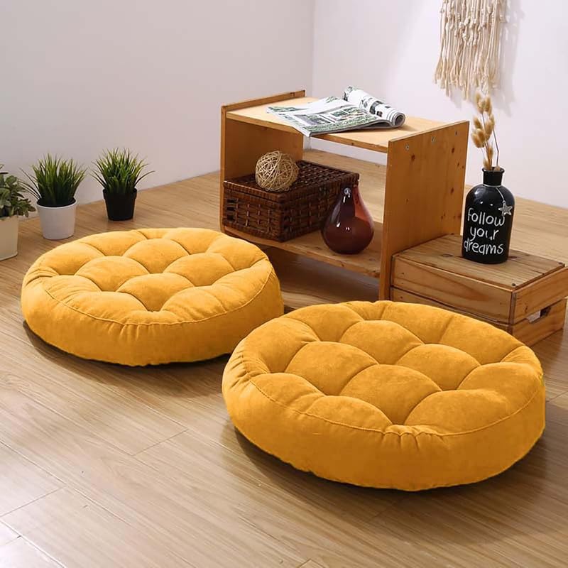 Meditation Floor Pillow Set of 2 Large Round Floor Cushions for Adults Tufted Corduroy Floor Seat Pillows Cushion for Living Room,Yellow 16.5" Lx16.5 Wx3 H - color: Yellow, size: 16.5"Lx16.5"Wx3"H