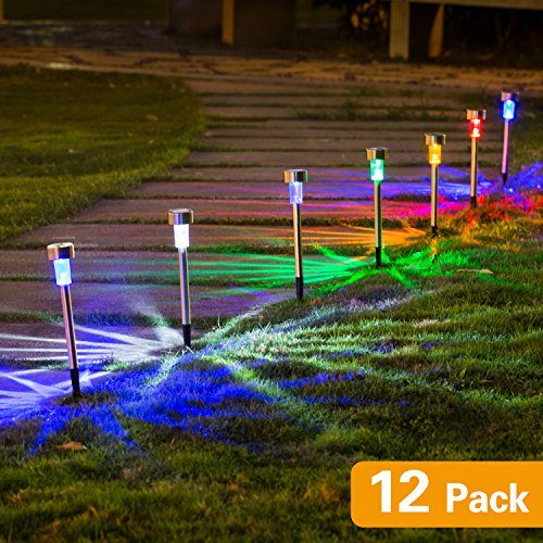 Wellgium Solar Lights Outdoor - Garden Landscape Pathway Lights for Lawn Patio - Stainless Steel, 12 Pack (6 Colors) - color: Multicolor