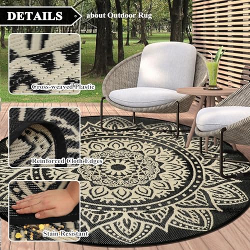 famibay Round Outdoor Rugs for Patios 8ft Boho Plastic Outdoor Rug Waterproof Reversible Circle Outside Rugs Lightweight Portable All Weather Outdoor Carpet for Patio Backyard Porch(Black Camel) - color: Black Camel, size: Round 8ft