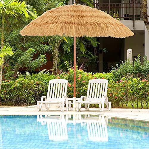 Tangkula 6.5Ft Tiki Patio Umbrella, Hawaiian Style Outdoor PE Grass Umbrella with Tilt Adjustment, 8 Ribs, Portable Thatched Beach Umbrella for Garden, Yard, Poolside - color: Natural, size: 6.5Ft