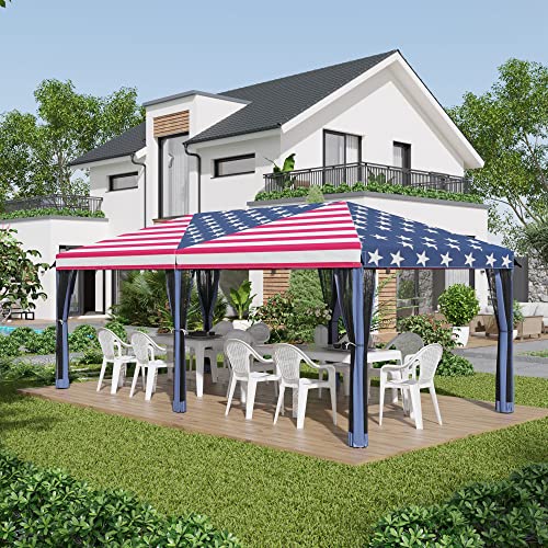 10' X 20' Pop Up Canopy Gazebo Tent with Netting, Heavy Duty Instant Sun Shelter with Carry Bag, Portable Large Tents for Parties for Outdoor, Garden, Patio, American Flag Pattern Event Tent