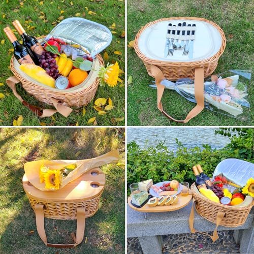 Hap Tim Wicker Picnic Basket Set for 2 with Mini Folding Wine Picnic Table & Large Insulated Cooler Bag & Cutlery Service Kits for 2 Person, Couples Gifts, Wedding Gifts (Y2209-2-CM) - color: Cream White, size: 2 person