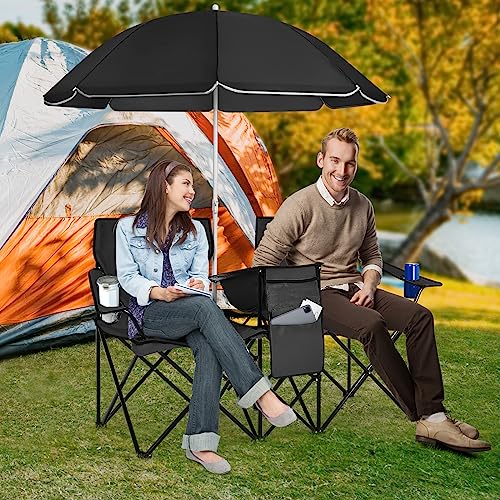 Double Camping Chair, 2-Person Portable Beach Chair w/Removable Umbrella, Cup Holders & Carrying Bag, Folding Loveseat Chairs for Adults Outdoor Picnic (Black) - color: Black