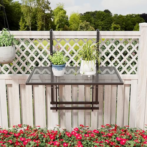 HAPPYGRILL Balcony Railing Table, Outdoor Folding Hanging Table with 5 Adjustable Heights, Heavy Duty Metal Hanging Bar Table for Patio, Garden and Deck