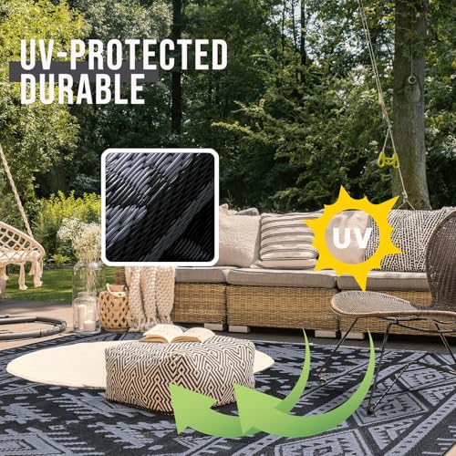 OLANLY Outdoor Rug Waterproof 10x14 ft, Reversible Outdoor Plastic Straw Rug, Boho Patio Rug, Indoor Outdoor Carpet, RV Mat Outside for Patio, Camp, Picnic, Balcony, Deck, Backyard, Black & Grey - color: Black & Grey, size: 10' X 14' (Rectangular)