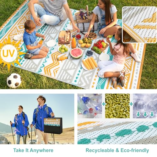 Lahome Outdoor Rugs 8x10 Waterproof, Reversible Outdoor Plastic Straw Rug for Camping Patio, RV Outdoor Rugs Outside, Outdoor Carpet for Porch Deck Backyard Picnic(Blue/Yellow,8'x 10') - color: Blue/Yellow, size: 8'x10'