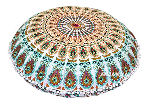 32" Peacock Mandala Bohemian Yoga Meditation Floor Pillow Cover Comfortable Home Car Bed Sofa Cushion Couch Seating Large Zipped Throw (32 inches, White Multi) - color: White Multi