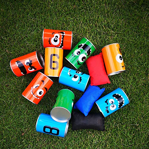 Bean Bag Toss Game for Kids Outdoor Indoor Family Fun, Knockdown Tin Can Alley Game for Holiday Birthday Party Games - 10 Funny Face Cans and 3 Beanbags