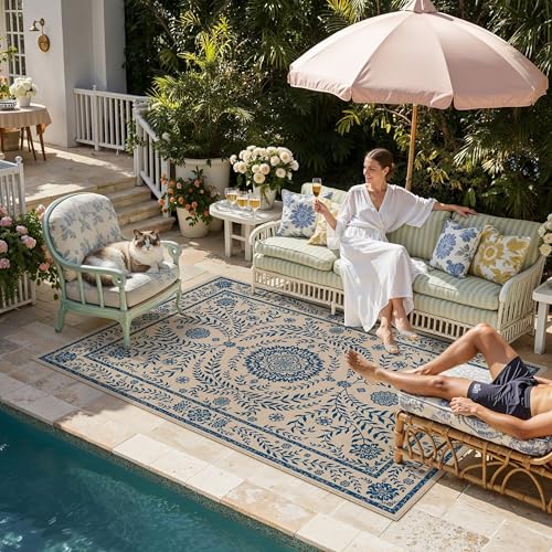 HUGEAR 5x7 Vintage Jute Outdoor Indoor Rug Washable Linen Textured Weave High Traffic Stain Resistant Non Slip Durable Carpet for Livingroom Patio Deck Balcony Courtyard (Floral Blue, 5' x 7') - color: Floral / Blue, size: 5'x7' (Rectangular)