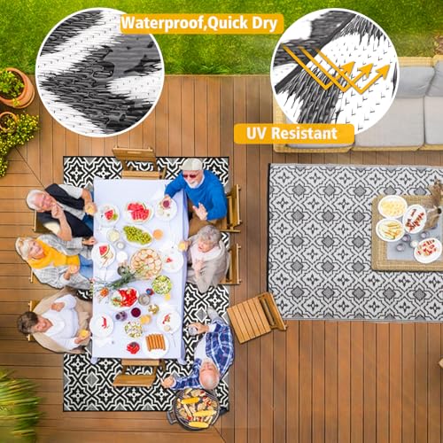 Alfolo Outdoor Rug Waterproof 4x6 Outdoor Mat Small Porch Balcony Rug,Reversible Plastic Straw Rug for Camping Black and White Outdoor Mats for Patio, Deck, RV, Camping, Beach, Backyard - color: Black&gray, size: 4' x 6' (Rectangular)