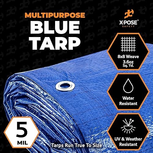 Better Blue Poly Tarp 8' x 12' - Multipurpose Protective Cover - Lightweight, Durable, Waterproof, Weather Proof - 5 Mil Thick Polyethylene - by Xpose Safety - color: Blue, size: 8 Feet X 12 Feet