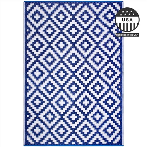 FH Home Outdoor Rug - Waterproof, Fade Resistant, Reversible - Premium Recycled Plastic - Geometric - Large Patio, Deck, Sunroom, Camping, RV - Aztec - Blue & White Crease Free - 6 x 9 ft - color: Aztec - Blue & White, size: 6' x 9' (Rectangular)