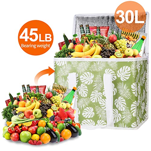 Bodaon 1-Pack Insulated Reusable Grocery Shopping Bags, X-Large Picnic Cooler Bag with Top Cold, Green-Leaf - color: Green Leaf, size: X-Large