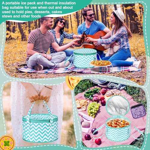 Pickmesh Round Pie Carrier 12 x 7 Inch Insulated Casserole Carriers with Lid and Detachable Handle for Hot or Cold Food Cake Transport Thanksgiving Christmas Gift(Cyan White Zigzag) - color: Cyan White Zigzag