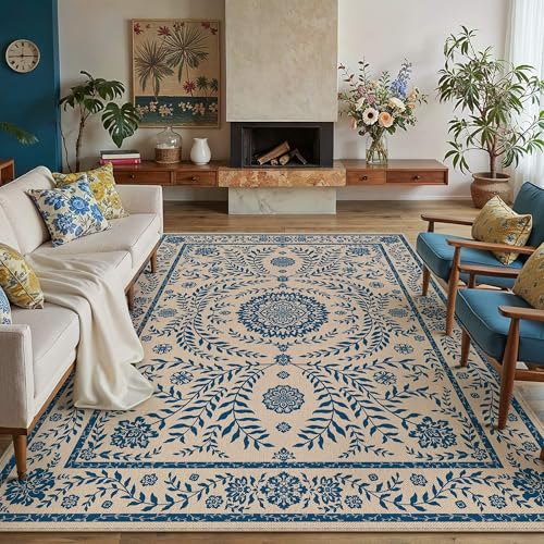 HUGEAR 8x10 Vintage Jute Outdoor Indoor Rug Washable Linen Textured Weave High Traffic Stain Resistant Non Slip Durable Carpet for Livingroom Patio Deck Balcony Courtyard (Floral Blue, 8' x 10') - color: Floral / Blue, size: 8'x10' (Rectangular)
