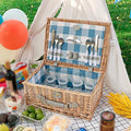 Stainless Steel Tableware Cutlery Set, Picnic Basket Natural Wicker Picnic Hamper Picnic Hamper Cutlery Set Insulated Wicker Flatware Set (Blue White Large 4 Person) - color: Blue White Large, size: 4 Person