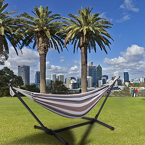 Double Hammock with Steel Stand, Adjustable Hammock Bed,Portable Outdoor Polyester Hammocks Set,2-Person Heavy-Duty Hammocks for Camping Garden Backyard Patio,250lbs Capacity (Coffee Stripe) - color: Coffee Stripe