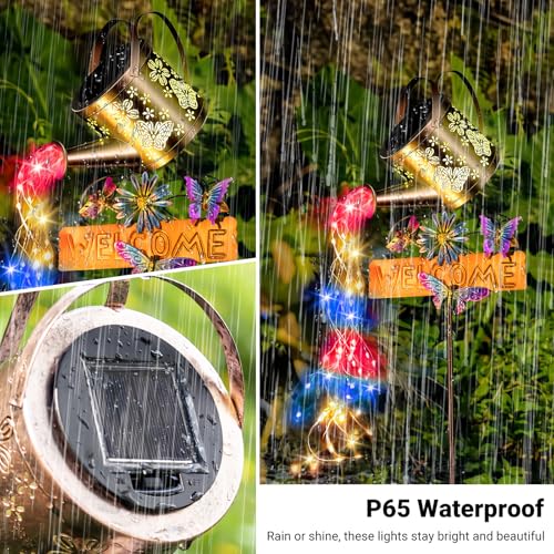 Solar Watering Can Light, Solar Lights Outdoor Decor, Garden Decor Lights for Yard, IP65 Waterproof Hanging Lantern Lights, Gifts for Women Mom, for Yard Patio Lawn Pathway Landscape (Multicolour) - color: multicolour-welcome