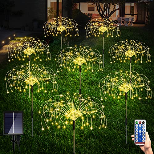 Maleyt 8 Pack Outdoor Solar Garden Lights, Firework Lights Solar Powered 8 Modes, Solar Landscape Lamp Outside Decor with Remote Control,120 LED Waterproof DIY String Lights (Warm) - color: Warm