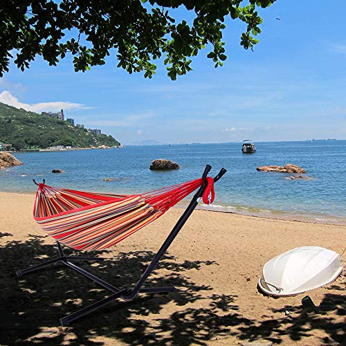Double Hammock with Steel Stand, Adjustable Hammock Bed,Portable Outdoor Polyester Hammocks Set,2-Person Heavy-Duty Hammocks for Camping Garden Backyard Patio,250lbs Capacity (Red Stripe) - color: Red Stripe