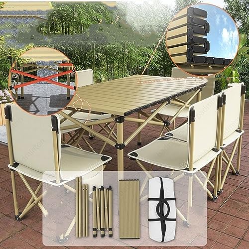RUANLOV Folding Dining Table Set, Picnic Table Portable with Carry Bag, Folding Camping Table, Roll up Aluminum Table for Outdoor Beach Tailgating (A 120cm with 4 Chairs) - color: A