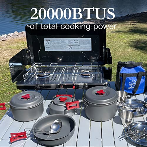FineFlame Camping Stove, Propane Portable Camp Stove with Regulator, Push-Button Instant Ignition, Adjustable Burners & Wind Guards for Car BBQ Picnics Outdoor Camping Cooking (20000BTU-2 Burners) - color: Black-2 burner-20000BTU