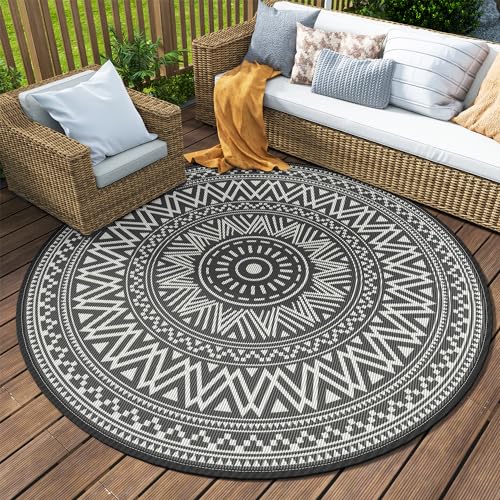 MontVoo Outdoor Rug Carpet Waterproof Round 8ft Outdoor Patio Rug Mat Reverisble Plastic Straw Outdoor Rug for RV Camping Picnic Beach Balcony Boho Grey - color: Grey, size: 8' (Round)