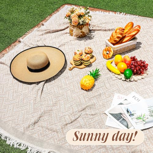 VitalCozy Waterproof Picnic Blankets 71×71 inch Outdoor Blanket Foldable 2 in 1 Double Layer Sandproof Beach Mat with Carry Strap for Camping Lawn Park Beach Grass(Khaki) - color: Khaki
