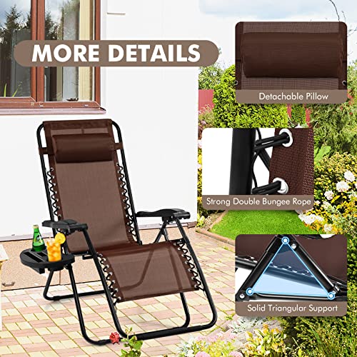 Giantex 2 PCS Zero Gravity Chair, Outdoor Chaise Lounge with Cup Holder, Patio Folding Chairs Recliner for Yard Pool Lawn Balcony - color: Brown, size: 1 Count (Pack of 2)